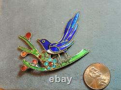Vintage Cloisonne Blue Bird on Branch Flowers Old Brooch Pin Ce 78