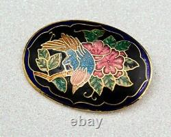 Vintage Cloisonne Flowers Brooch Oval Enamel Pin Bird Lover Jewelry Women