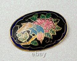 Vintage Cloisonne Flowers Brooch Oval Enamel Pin Bird Lover Jewelry Women