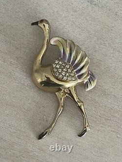 Vintage Coro Brooch Ostrich Bird Enamel Rhinestone Pin Signed