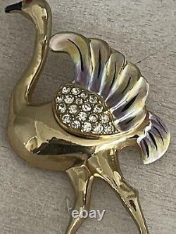 Vintage Coro Brooch Ostrich Bird Enamel Rhinestone Pin Signed