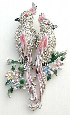 Vintage Coro Calopsitta Pink Bird Duette Rhinestones Fur Clips Brooch Pin Set