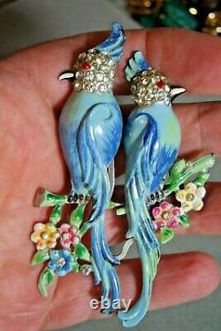 Vintage Coro Duette Blue Enamel Rhinestone Parrot Bird Pin Brooch