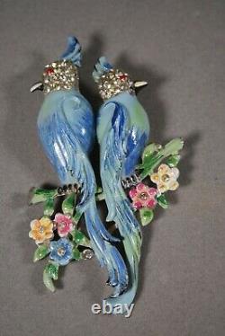 Vintage Coro Duette Blue Enamel Rhinestone Parrot Bird Pin Brooch