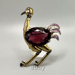 Vintage Coro Purple Crystal & Enamel Ostrich Brooch Bird Pin Jelly Belly