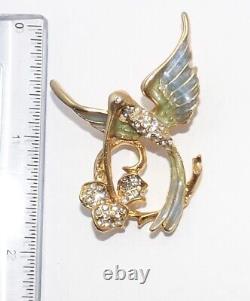 Vintage Costume Jewelry Bird Brooch Pin 14KGE LIND SP Enamel Rhinestone