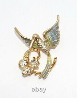 Vintage Costume Jewelry Bird Brooch Pin 14KGE LIND SP Enamel Rhinestone