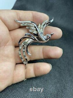 Vintage Crown Trifari Bird Pin Brooch Figural Silver Tone With Baguettes 3