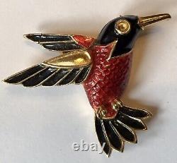 Vintage Crown Trifari Red & Blue Enameled Humming Bird Brooch