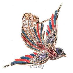 Vintage Crystal Pave Enamel Flying Bird Brooch Red White Blue Signed Sphinx