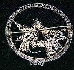 Vintage Curling 800 Silver Wire Filigree Large Round Brooch Birds Flowers 3C 68