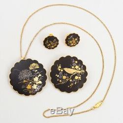 Vintage Damascene Jewelry Set 2 Brooch Pin Pendants & Earrings Flowers + Birds
