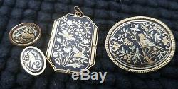 Vintage Damascene Pendant, Brooch And Earring Set Birds And Flowers
