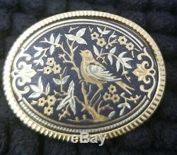 Vintage Damascene Pendant, Brooch And Earring Set Birds And Flowers