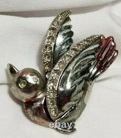 Vintage DeRosa Silver AB Rhinestone Enamel Bird Brooch Pin