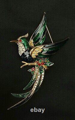 Vintage Decorative Bird Long Green Tail Red Eyes Crystal Rhinestone Pin Brooch