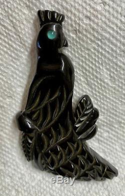 Vintage Deep Carved Bakelite Brooch Pin Crested Black Bird