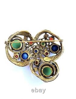 Vintage Designer Couture Jeanne Brooch Gold Birds Nest Lapis Jade Glass Pearls