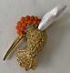 Vintage Designer D'orlan Humming Bird Brooch With Faux Coral Cabochons