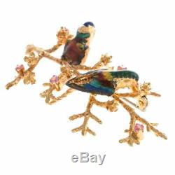 Vintage Designer Enamel Brooch with Birds & Pink Sapphires in 18 K YG Italy 2L