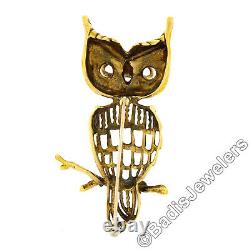 Vintage Detailed Textured 18k Gold Yellow Enamel Wise Owl on Branch Pin Brooch