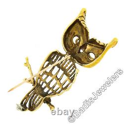 Vintage Detailed Textured 18k Gold Yellow Enamel Wise Owl on Branch Pin Brooch