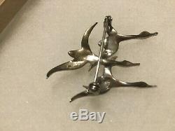 Vintage Eb Germany Sterling Silver Enamel Flying Birds Marcasite Pin Brooch