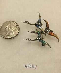 Vintage Eb Germany Sterling Silver Enamel Flying Birds Marcasite Pin Brooch