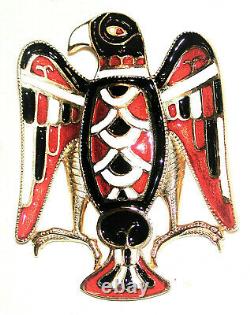 Vintage Egyptian Eagle Totem Brooch Red White Black Enamel Bird Pin Fried Paris