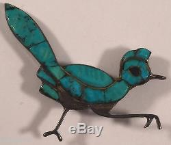 Vintage Ellen Quandelacy Zuni Running Bird Turquoise Sterling Silver Pin Brooch