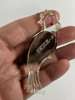 Vintage Elzac 1940's Brooch Pin Lucite Bird Parrot Wood Carved Clear