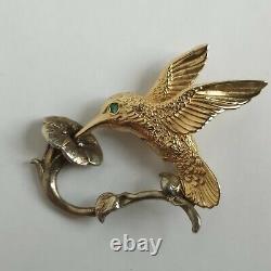 Vintage Emerald 14k Gold Sterling Silver National Audubon Hummingbird Brooch
