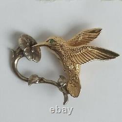 Vintage Emerald 14k Gold Sterling Silver National Audubon Hummingbird Brooch