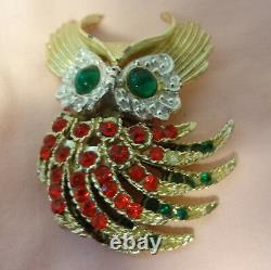 Vintage Emerald Green Orange Rhinestone Owl Bird Brooch Pin Rare