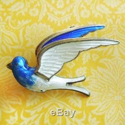 Vintage Enamel 2-TONED BLUE WHITE BIRD PIN Meldahl Norway Sterling Silver Brooch