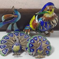Vintage Enamel Bird Brooch Silver Bird with Mohawk Peacocks Pelican Colorful