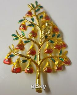 Vintage Enamel Glitter Gold Tone Christmas Tree Pear w Bird Pin Brooch