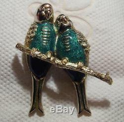 Vintage Enamel Love Birds Brooch Gold-color with Green enamel