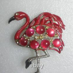 Vintage Enamel & Pink Rhinestone Flamingo Pin Brooch Bird Cabochon Pink Stones