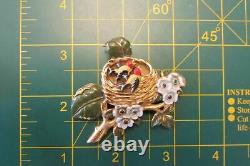 Vintage Enamel Rhinestone Bird Nest Brooch Figural Pin 1940's Rhodium Pl
