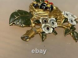Vintage Enamel Rhinestone Birds nest Brooch Figural 1940's Pin Flowers High End