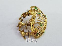 Vintage Enameled 22k Yellow Gold Baby Birds Nest Brooch Pin