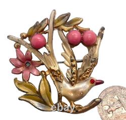 Vintage Enameled Bird Brooch, Flower, Leaves, 30's or 40's Pearlized Enamel Body