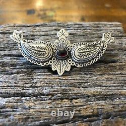 Vintage English Solid Sterling Silver Decorative Wings Brooch With Oval Garnet