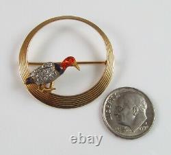Vintage Estate 14k Gold & Platinum & Diamond Circular Enamel Bird Brooch Pin