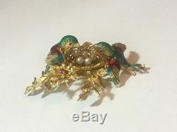 Vintage Estate 18K Gold Pearls Enameled Figural Birds Brooch Pin