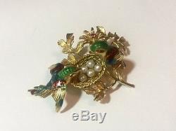 Vintage Estate 18K Gold Pearls Enameled Figural Birds Brooch Pin