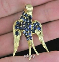 Vintage Estate 18K Yellow Gold Royal Blue Sapphire Ruby Diamond Bird Pin Brooch