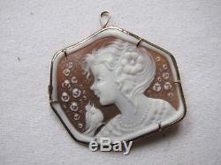 Vintage Exquisite 9 Kt Gold Cameo Brooch Pin Pendant Girl with Birds