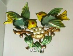 Vintage FRED GRAY POT METAL ENAMEL BIRDS withPEARL NEST PIN BROOCH 2-3/4